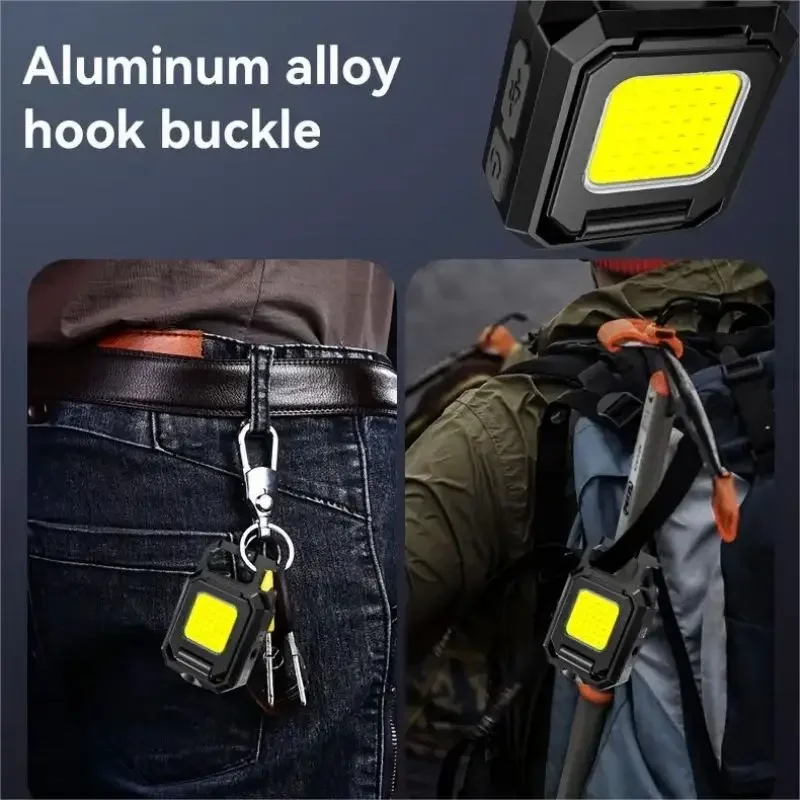 COB LED Flashlight 90° Rotate Multifunctional XPE 5 Modes Keychain Work Light Portable Camping Lantern USB Charging for Outdoor