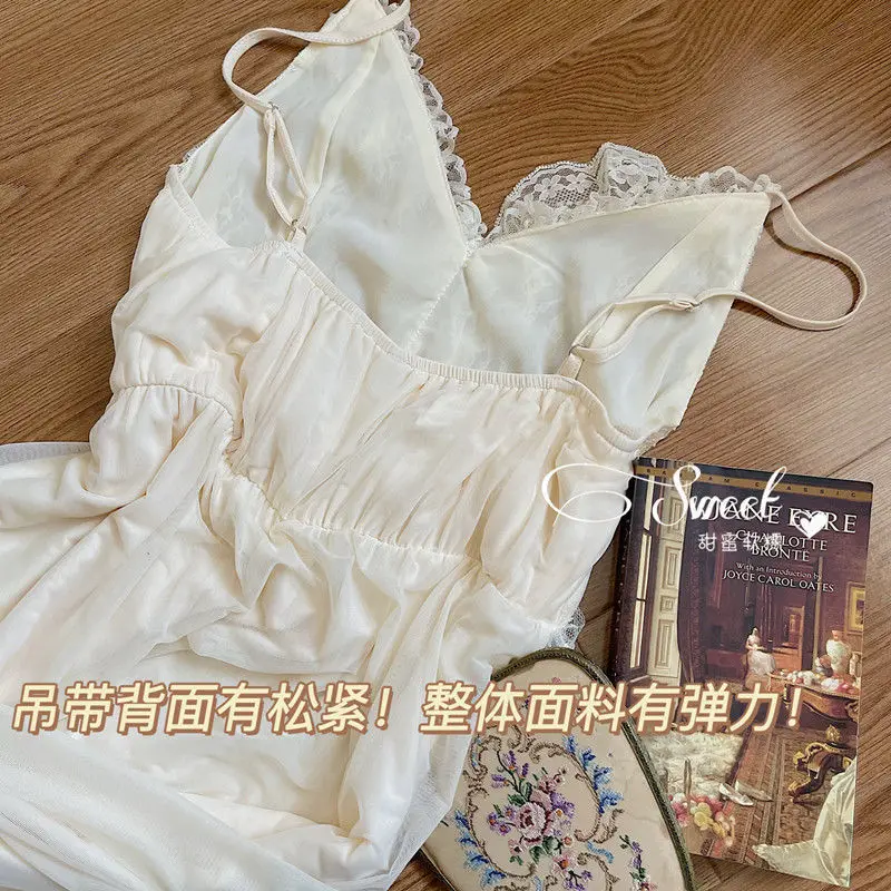 Lace Vintage Nightgown French Retro Court Style Ultra-thin Nightdress Dressing Gown V Neck Super Fairy Lounge Wear Home Summer