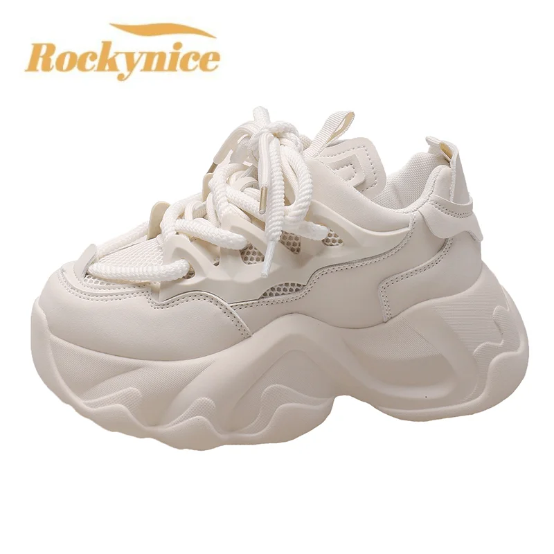 

Women Spring Autumn Leather Chunky Casual Shoes Breathable Mesh Trainers Sport Sneakers 7CM High Heels Platform Vulcanized Shoes