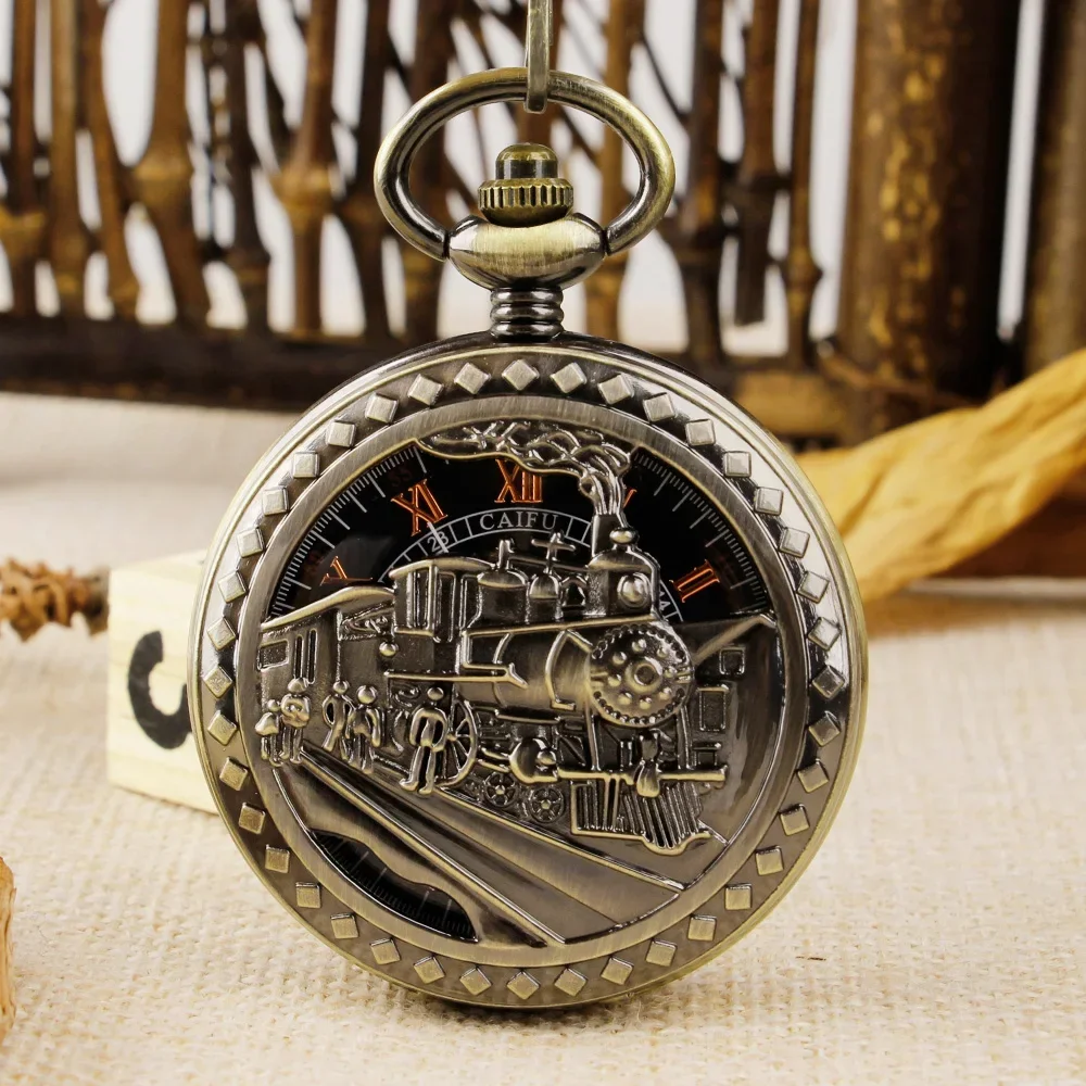 Retro Bronze Train Steampunk Mechanical Pocket Watch Men Metal Pendent Chain Classic Hand-Wind Vintage Pocket Fob Filp Watches