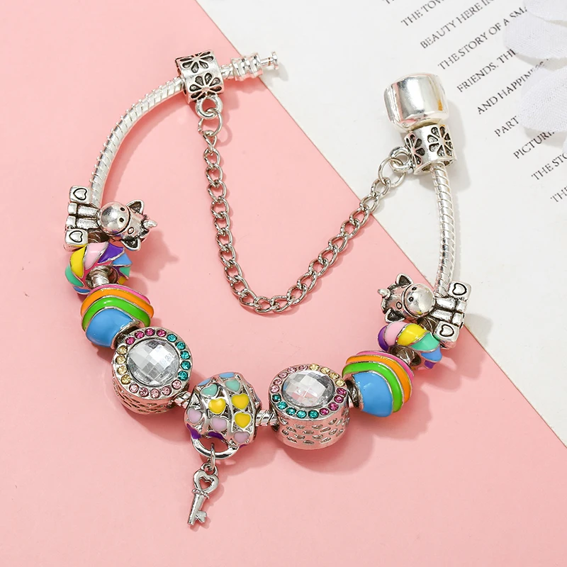 Dream Unicorn & Colorful World Charm Bracelet With Heart  Key Pendant Fit Personality Jewelry Gift DIY Bracelet Making For