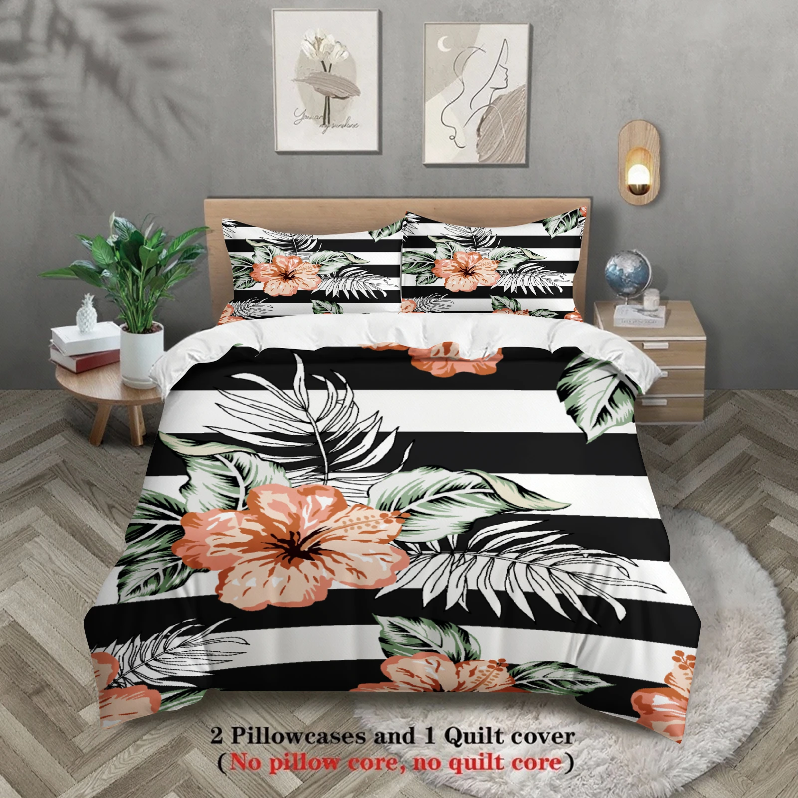 3pcs Zebra Print Bedding Sets 3D Printed Red Hibiscus Flower Duvet Cover Sets With Pillowcases No Filling