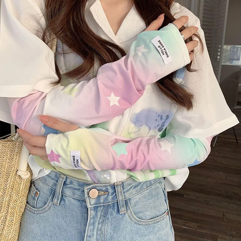 Y2k Girls Ice Silk Breathable Sleeve Cover Star Flower Anti-sunburn Arm Sleeves  Women UV Cycling Oversleeve Loose Golves 팔토시