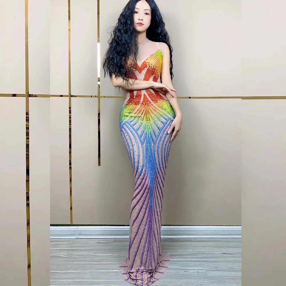 

Sexy Stage Colorful Rhinestones Mesh Dress Evening Birthday Celebrate Outfit Nightclub Dance Performance Host Photoshoot Costume