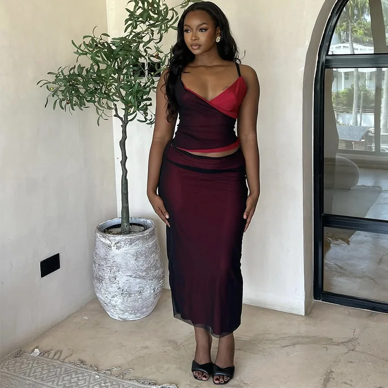 

2025 летний новый модный женский комплект из двух предметов с v-образным вырезом и ремешком без рукавов, комплект с цветной юбкой