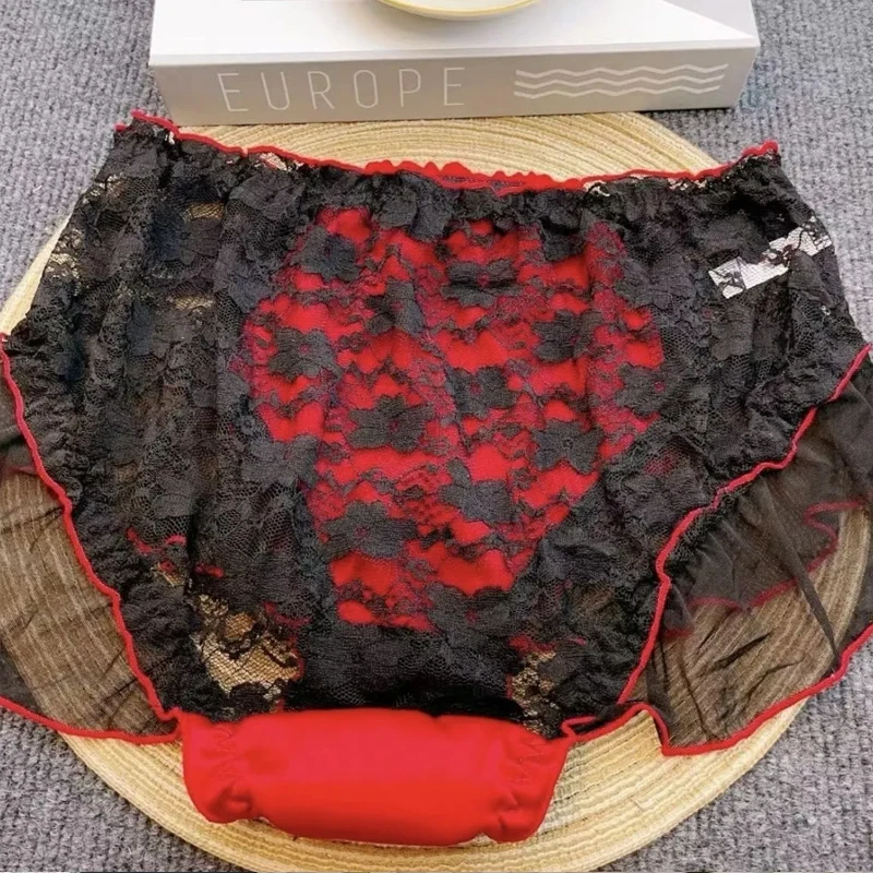 Calzoncillos Sissy de encaje con lazo transparente rojo de talla grande, ropa interior Sexy para mujer, bragas cortas, bragas de cintura alta, ropa interior