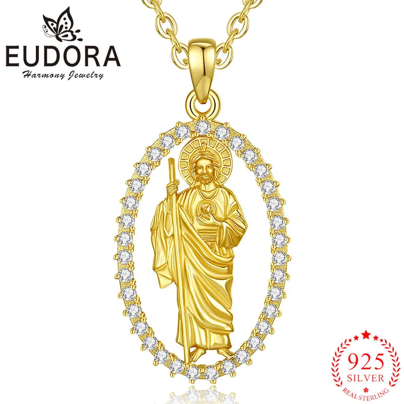

Eudora Saint Jude Thaddeus Necklace 925 Sterling Silver Plated 18K Gold Christian Pendant Jewelry Religious Gift for unise