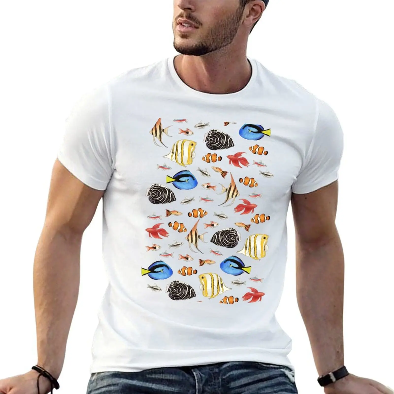 

Tropical Fish on White - pattern T-Shirt man t shirts cotton funny t shirts cotton t shirts cotton 100% T-shirt