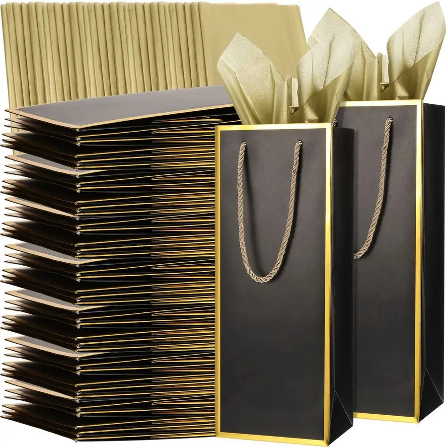 50 Bolsas de Regalo para Vino y Juego de Papel de Envolver Dorado, Bolsas para Botellas de Vino al por Mayor, 4 x 5 x 13 Pulgadas, Bolsa de Papel para Regalo de Champán con Asa
