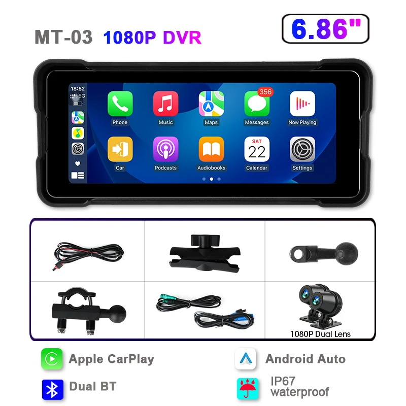 Srnubi motorfiets GPS-navigatie waterdichte draadloze Carplay 6,86 inch scherm draagbare motorfiets Android Auto Monitor DVR
