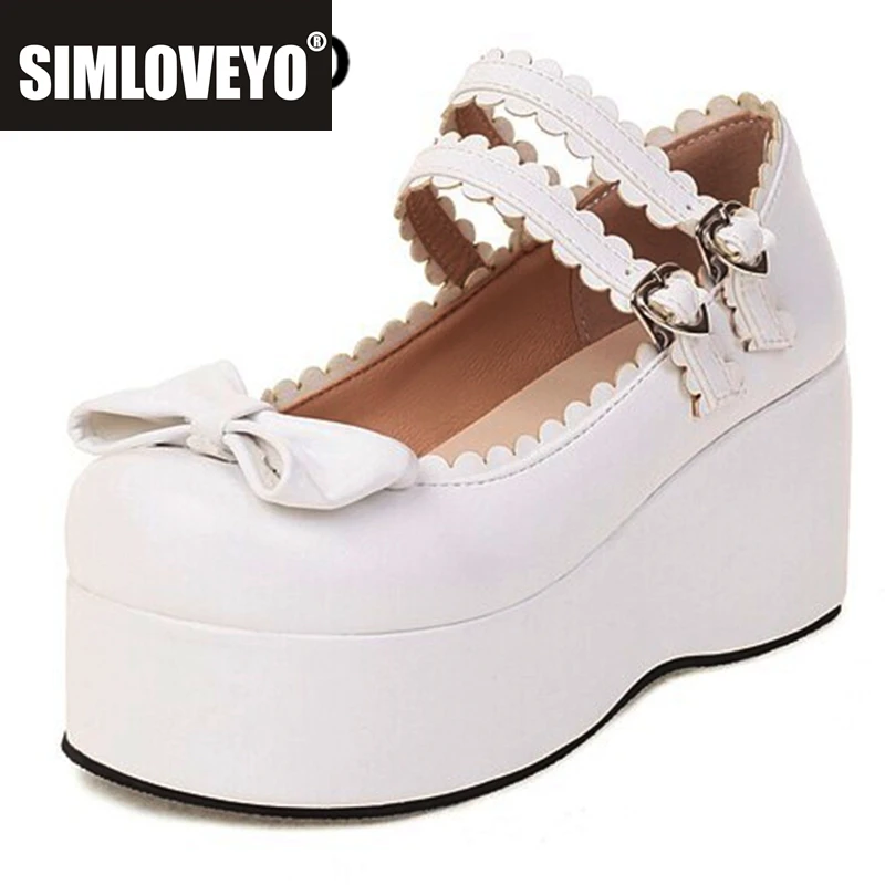 

SIMLOVEYO Ladies Platform Pumps Round Toe Thick Heels Bowtie Buckle Straps Sweet Large Size 33-45 Pink White Spring S3334