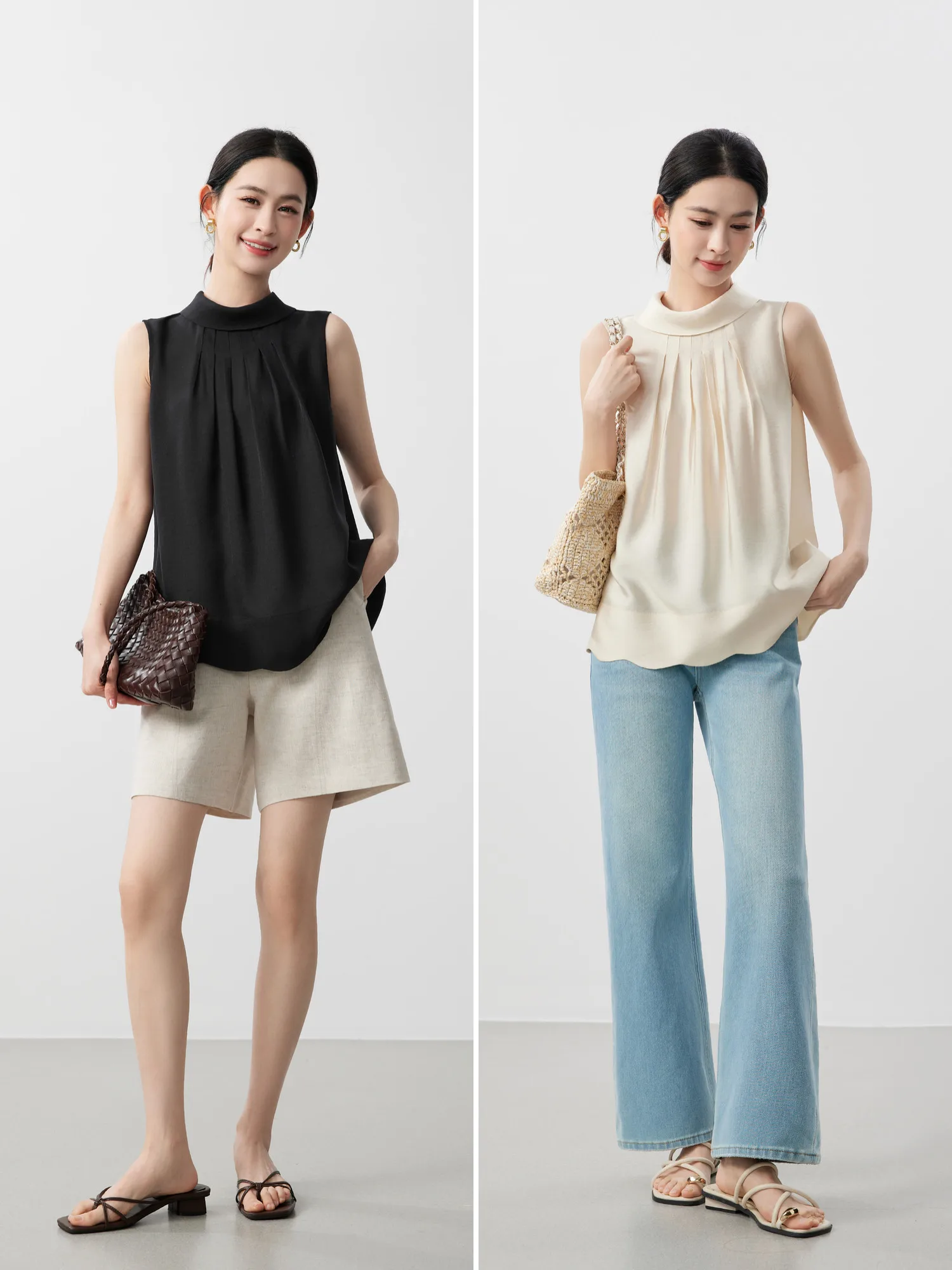 

French light luxury detail control, pearlescent pleated sleeveless 26 spring and summer Muse temperament shirt women