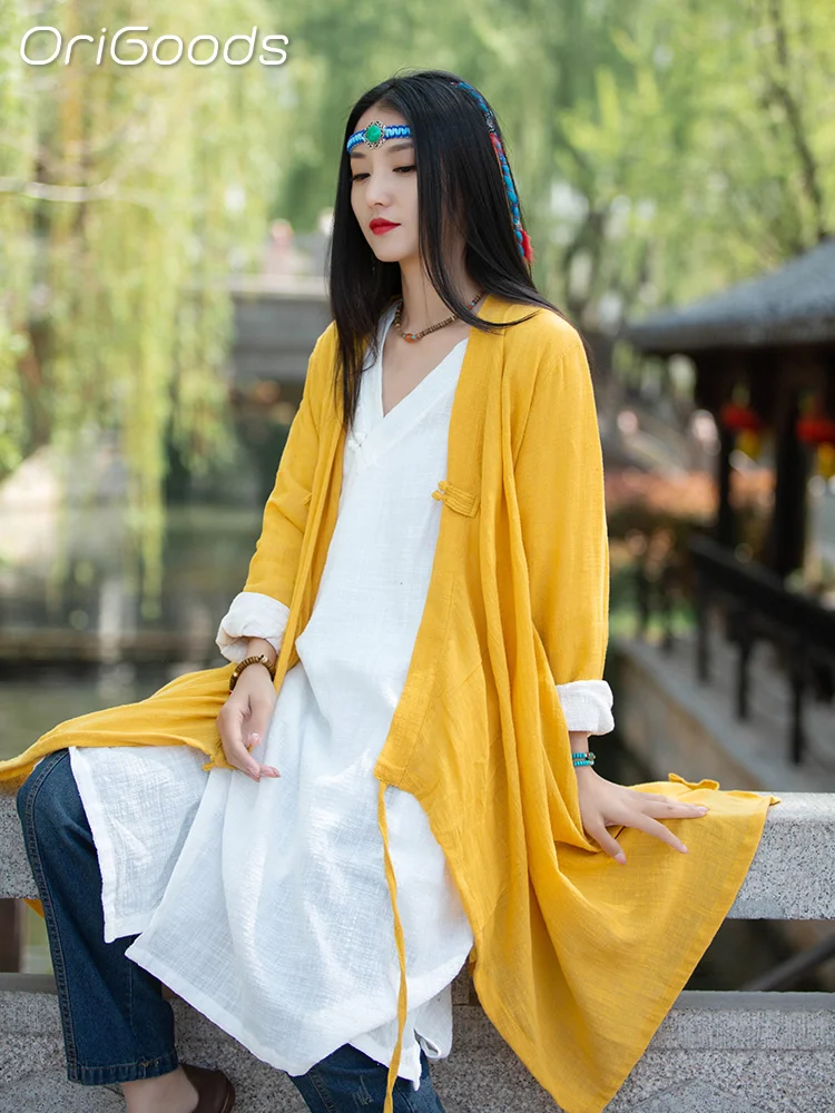 OriGoods Women Long Kimono Shirt Chinese Style Cotton Loose Elegant Shirts Zen Japan Mori girl Women 2023 Summer New Tops B051