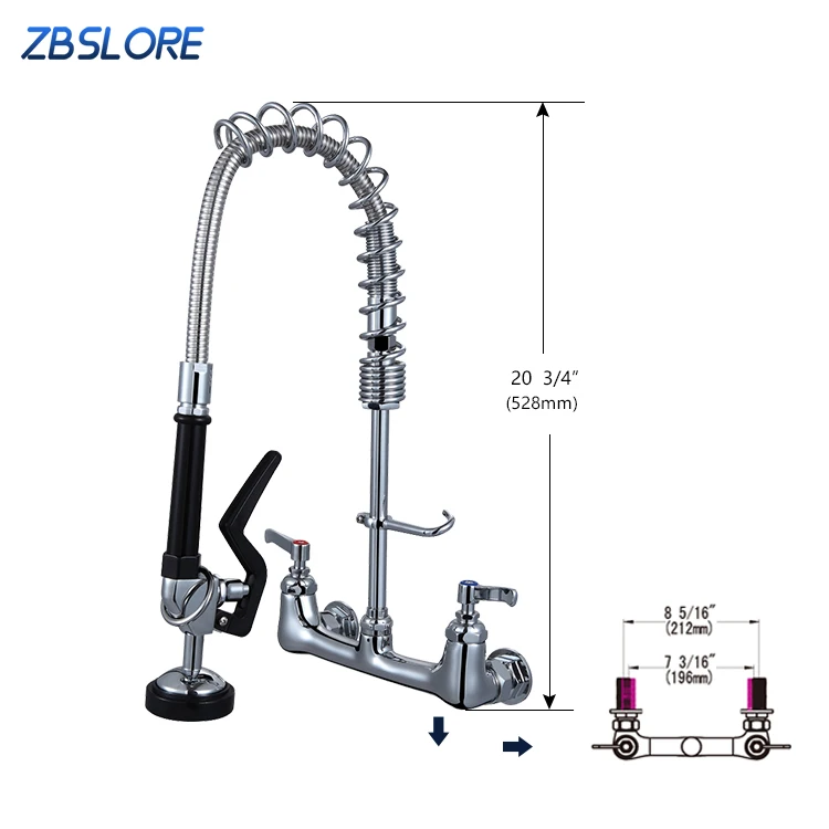 Restaurant Pre Rinse Assembly Wall Mount Commercial Faucet With Sprayer 8 Center 21 Inch