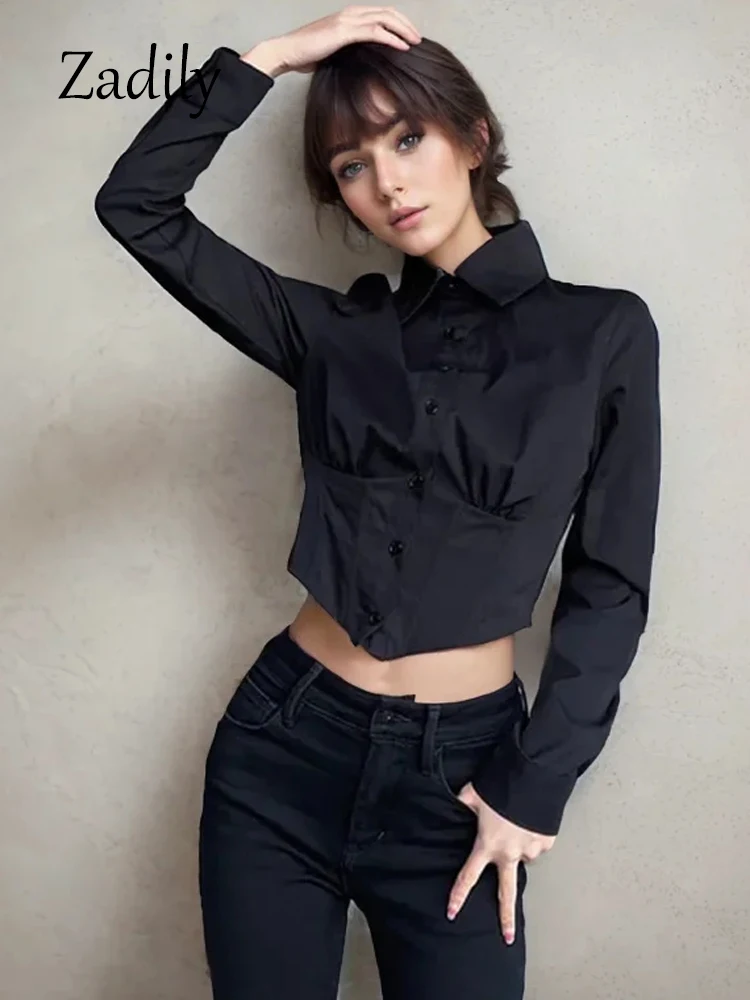 2025 Spring New Y2K Slim Waist Long Sleeve Folds Women Shirt Gothic Button Ladies Crop Top Club Female Clothing Blouse Tops