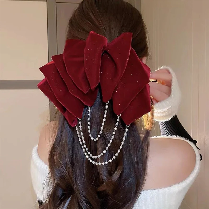 Korean Velvet Multi-layer Bow Hair Pins Pearl Tassel Hair Clips For Women Elegant Jewelry Spring Clip Gils Hair Accessories