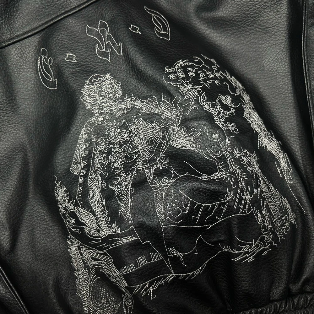 الشتاء الشارع الشهير ملابس خمر الرجال سستة التطريز سترات من الجلد الشارع نمط الهيب هوب معاطف جلدية القطن الثقيل عادية #4