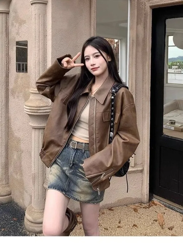 Chaqueta de cuero Vintage marrón High Street para mujer, ropa de calle coreana, chaqueta de cuero informal con cremallera, abrigo holgado de moda de verano para mujer