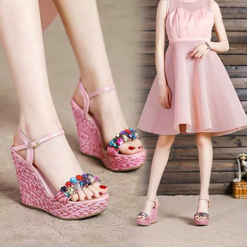 Retro straw wedges sandals waterproof platform thick bottom rhinestone high heels fashion elegant Bohemian womens shoes 31,32,33