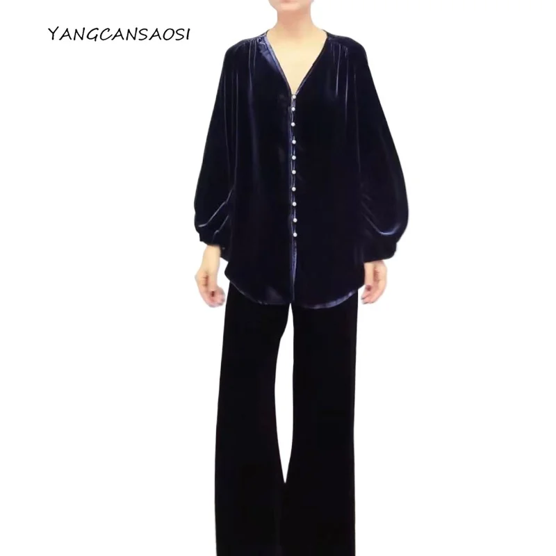 

Women's Fashion Clothing Hidden Deep Blue 30% Natural Mulberry Silk Velvet V-neck Shoulder Lantern Sleeve Single Breasted Shirt