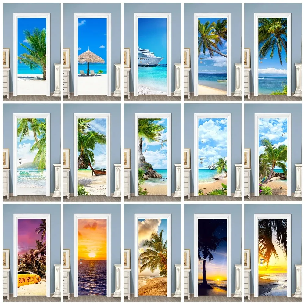 

3D Blue Sky Seaside Beach Landscape Door Sticker Summer Coconut Tree Nature Scenery Mural Removable Door Wallpaper Decals