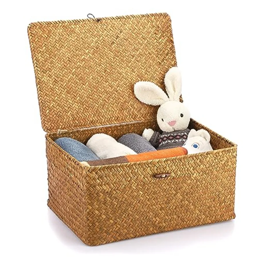 

Wicker Shelf Baskets Bin with Lid, Handwoven Seagrass Basket Storage Bins Rectangular Household Basket Boxes for Shelf Wardrobe