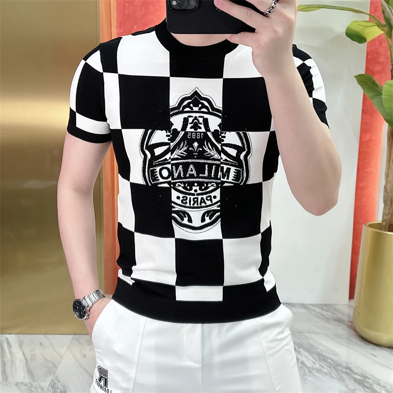 2023 High Quality Plaid Knitted T-shirt Short Sleeve Slim Fit Casual Tshirts Ice Silk Breathable Business Social Crew Neck Tees