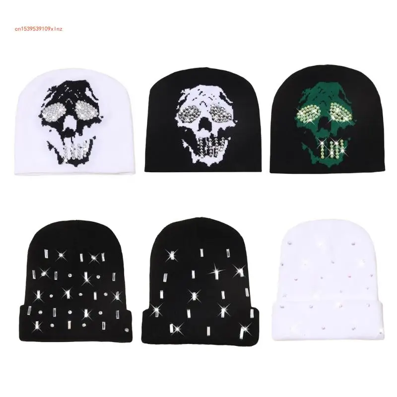 

Unique Knit Hat Rhinestones Skull Caps Highlight for Trendsetting Pullover Warm Skull Caps Knitted Hat Party Club