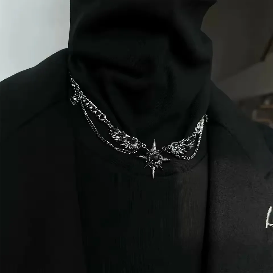 Punk Gothic Flügel Schwarz Stern Anhänger Silber Farbe Kette Halskette Für Frauen Männer Einzigartige Personalisierte Straße Zubehör Schmuck