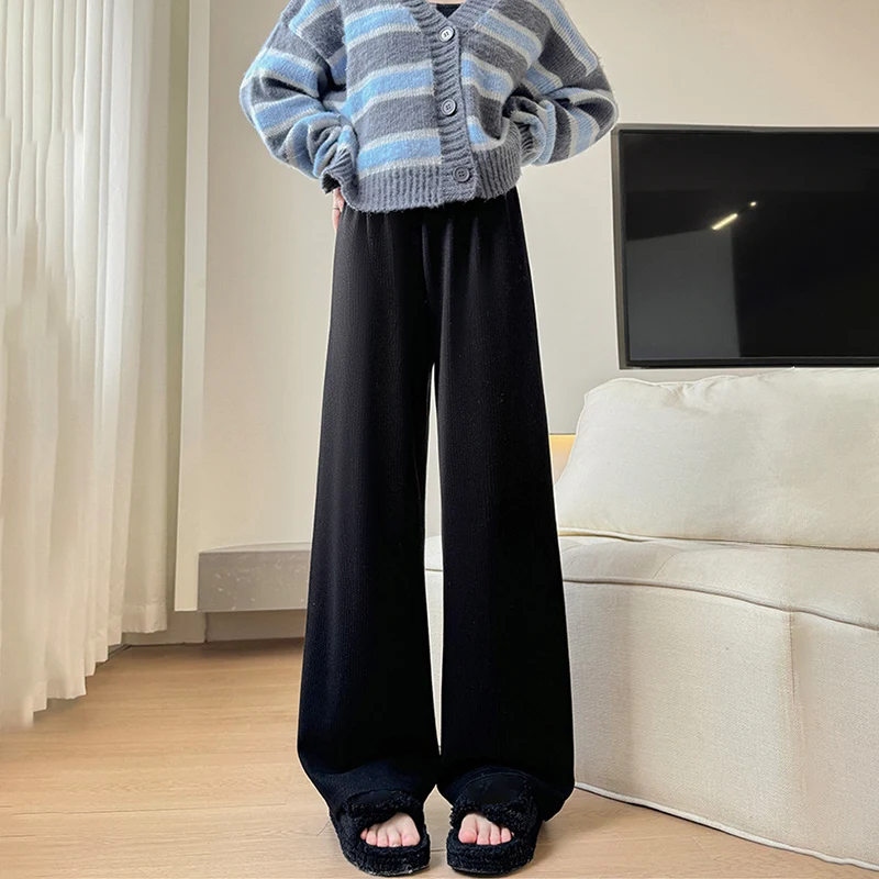 กางเกงไหมพรมถักนุ่มสบายสไตล์ลำลองสำหรับผู้หญิง ใส่ได้ทุกโอกาส ทรงตรงหลวม เรียบง่าย เหมาะกับฤดูใบไม้ร่วงและฤดูหนาว