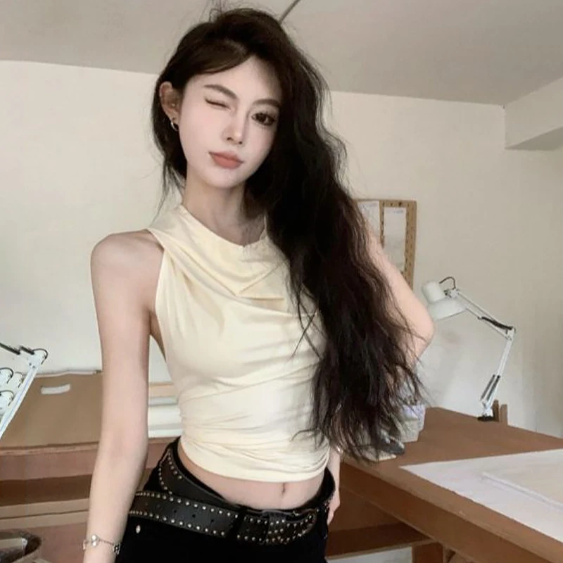 Gilet lavorato a maglia senza schienale con cappuccio girocollo casual moda estiva per donna