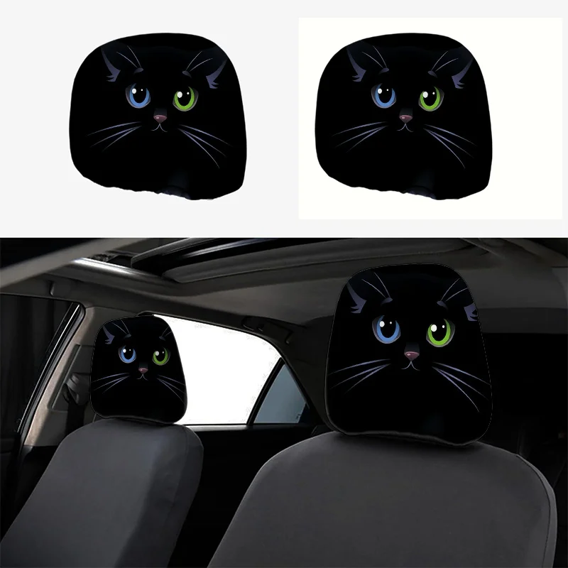 cute black cat with heterochromatic eyes and car decoration headrest covers 2pcs, artistic style, perfect holiday gift