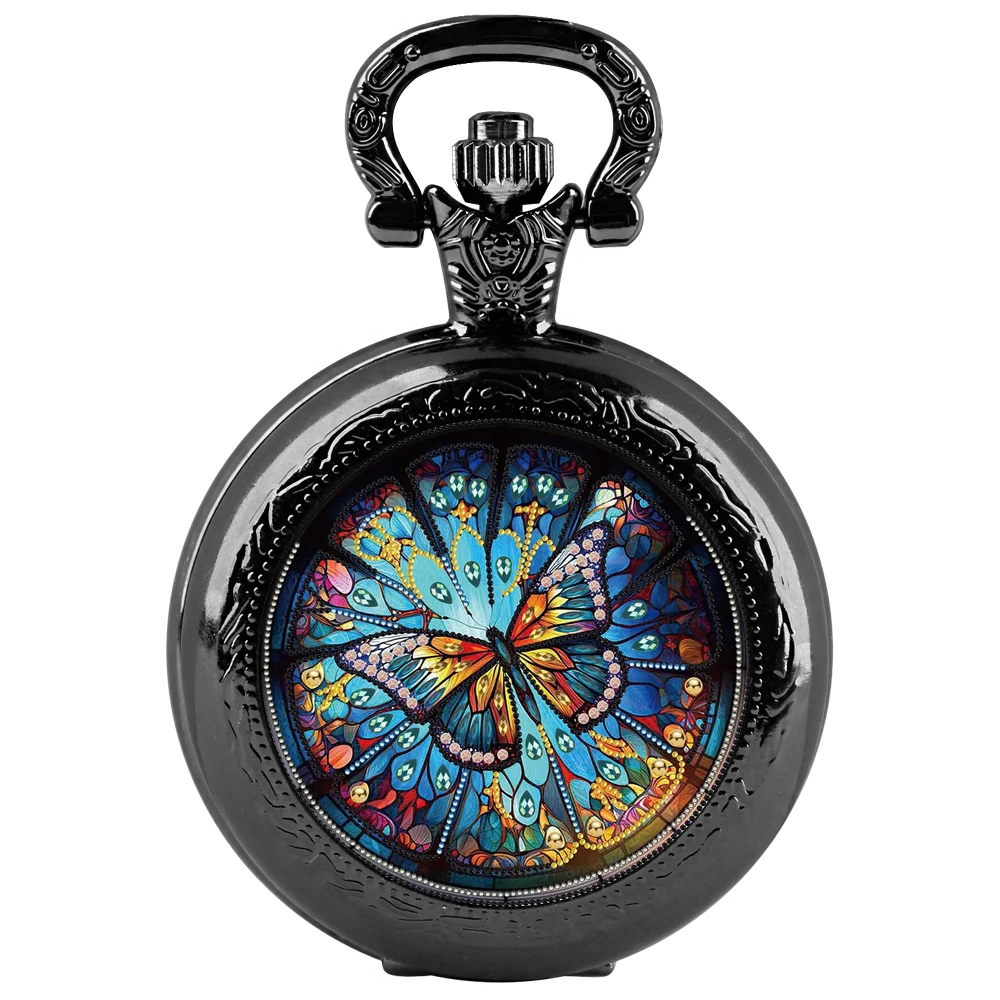 Parel Vlinder Creatief Glas Patch Rond Quartz Zakhorloge, Heren Mode Quartz Zakhorloge Met Ketting, Unieke Verjaardag Gi