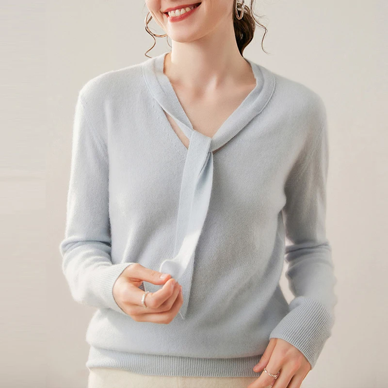 Sweter Kasmir Wanita Musim Gugur Dingin 2025, Kerah V, Tali Ikat, Rajutan Kasmir, Atasan Pullover, Polos, Baju Rajut Wol Wanita