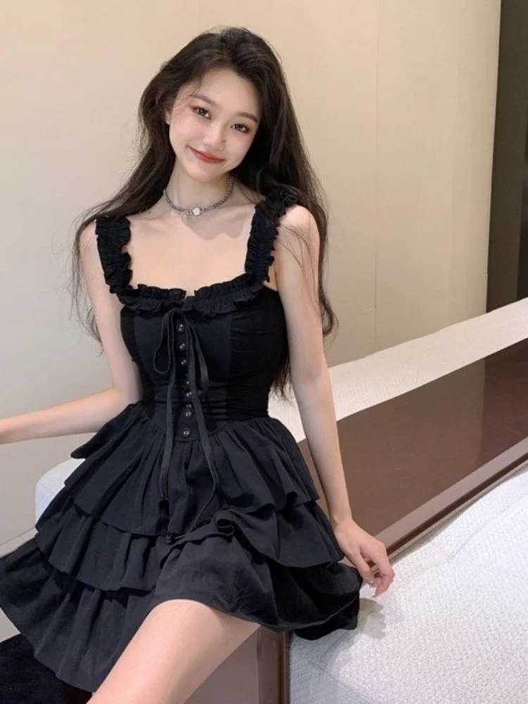 QWEEK Gothic Goth Harajuku Sexy Slip Dress Ruffles Y2k Streetwear Dark Punk Cake Dresses Party Korean Fashion 2023 Summer