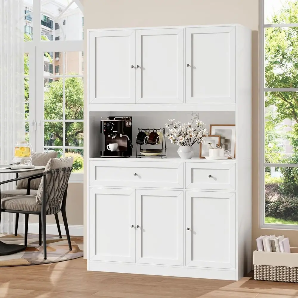 

72" Kitchen Pantry Cabinet, Kitchen Hutch with Microwave Stand, Buet Cabinet with Hutch or Dining Room, White