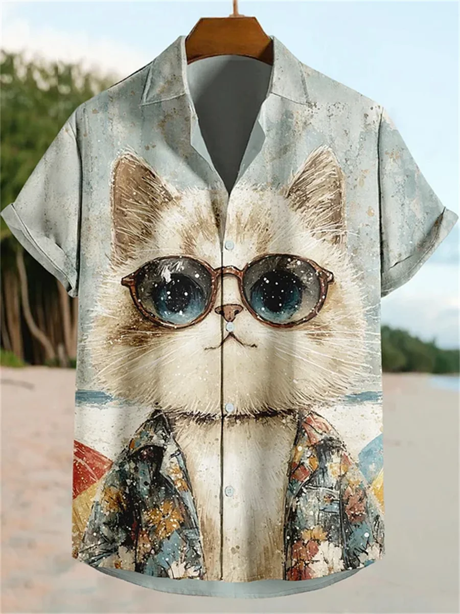 고양이와 파란 물고기가 프린트된 남성용 반팔 셔츠, 칼라 디자인, 캐주얼 남성용 상의, 야외 해변 하와이안 셔츠.
