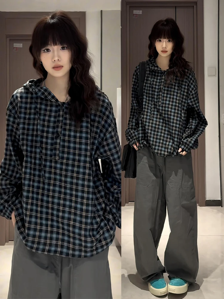 

Blue Plaid Hooded Men's Shirt Spring Trendy Brand Henry Collar Long Sleeve Casual Style Couple Outerwear Regular Fit Loose Shirt