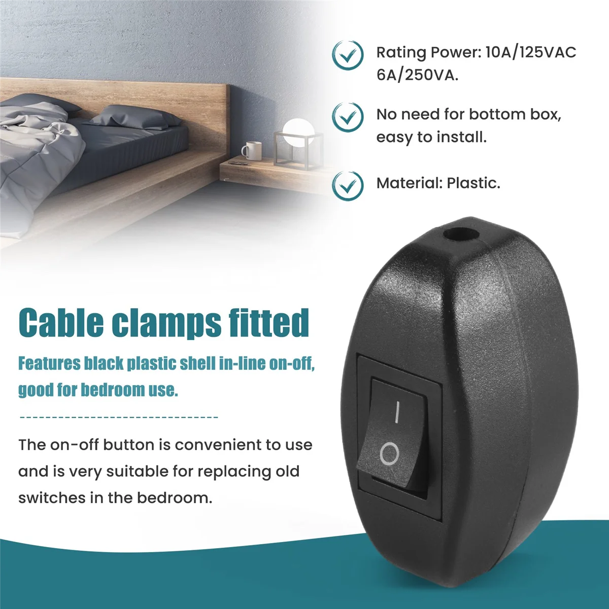 Black Bedroom On Off Button In Line Switch 6A/250VAC 10A/125VAC