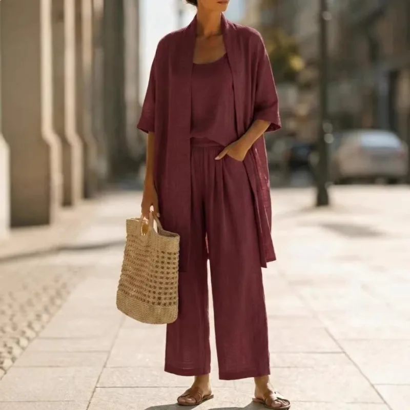 

2026 Summer Straight Solid Three Piece Set Casual Comfortable Lightweight for Travel Beach Resort