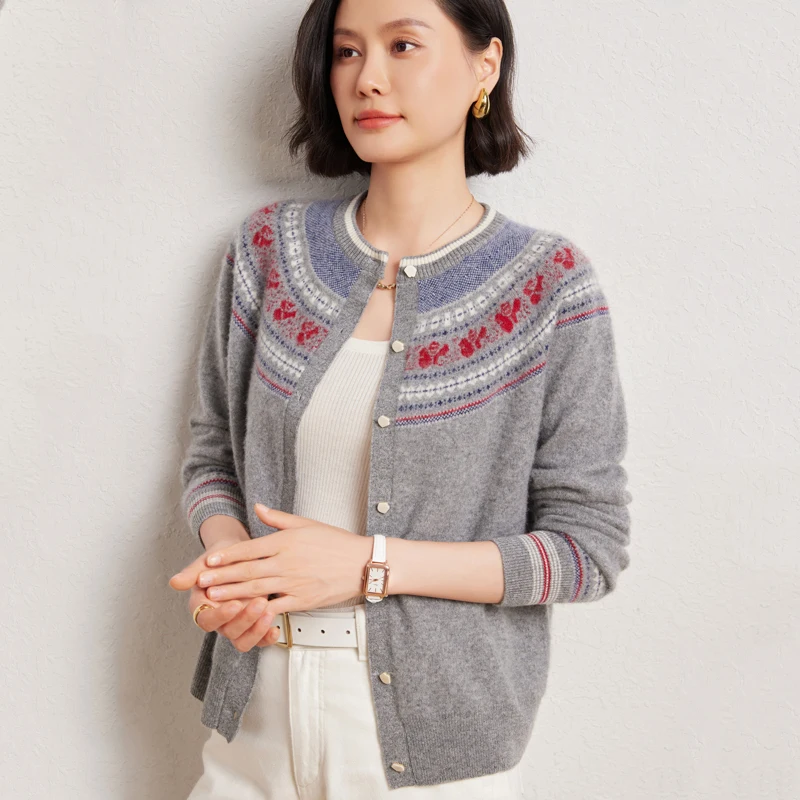 30% 캐시미어 및 70% 울 여성용 오 넥 카디건 빈티지 대비 컬러 스웨터 니트웨어 가을 겨울 두꺼운 자카드상의