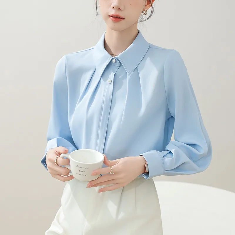 

Vintage Women's Blouses Solid Color Office Lady Shirts Fashion Loose Summer Korean Clothing Long Sleeved Chiffon Women Tops