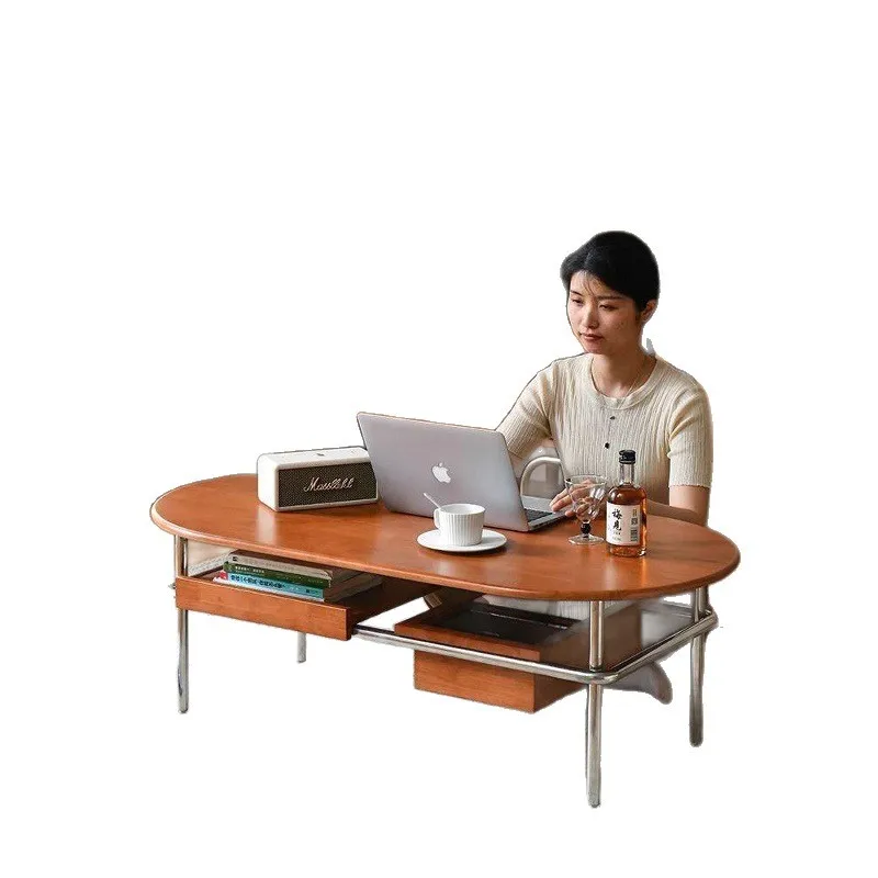 

solid wood coffee table Small apartment tea table Living room Household French American retro oval sofa edge table