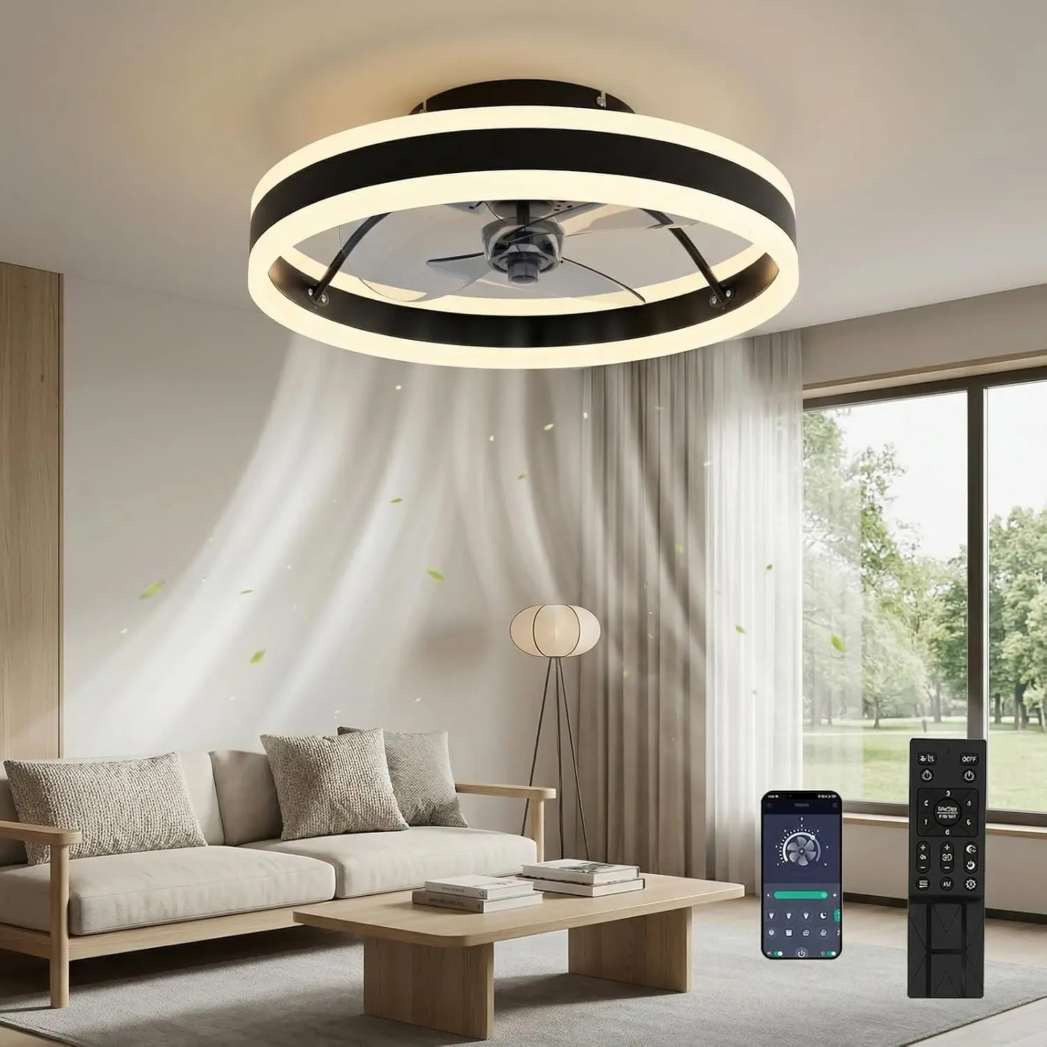 Ventilatore da soffitto con illuminazione, 3 temperature di colore e 6 velocità, controllo tramite APP/telecomando, silenzioso, dimmerabile, nero, 40CM [Classe energetica F]