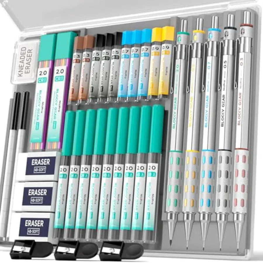 

36PCS Blocky Gear Mechanical Pencil Set, Art Drawing Pencils 0.3 0.5 0.7 0.9 2mm with Case, Metal Lead Holder with 21 Tubes 6B