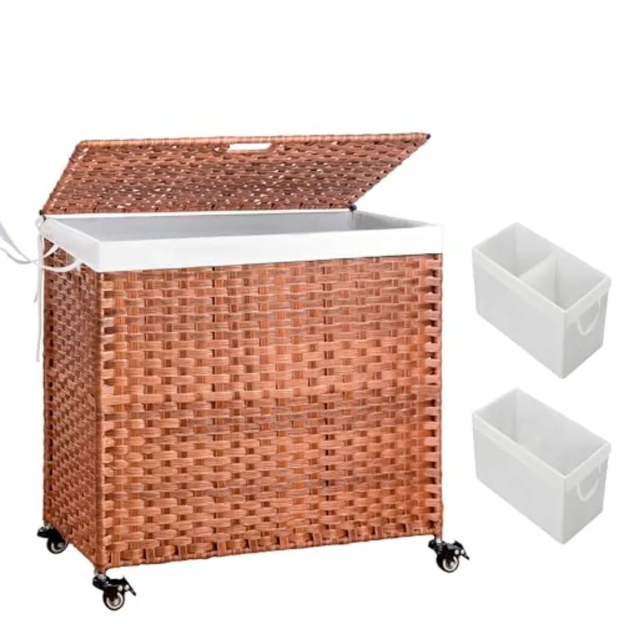 

Laundry Hamper with Lid and Wheels 42.26 Gallon 160 L Wicker Laundry Basket with Removable Bags and Handles 2 Sections Woven Cl