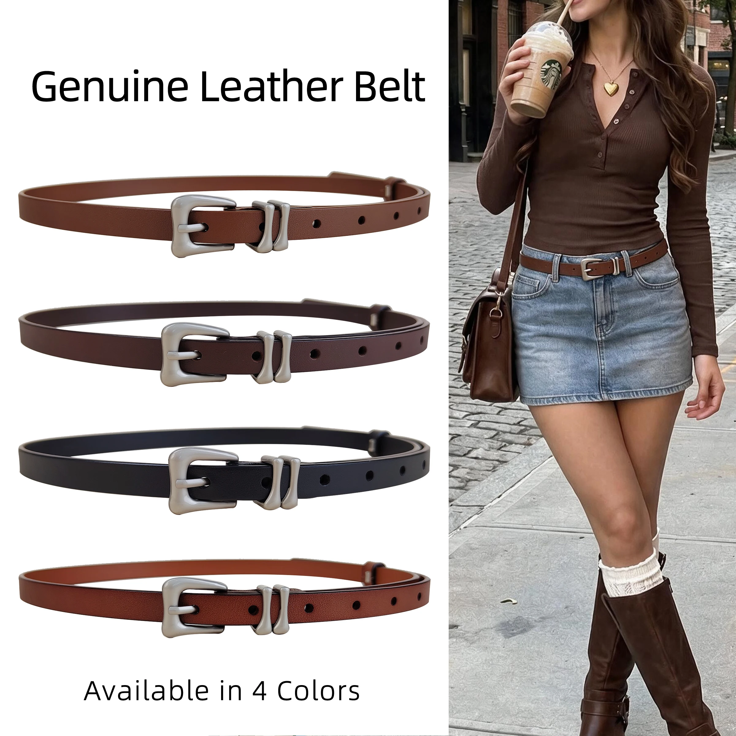 Women Genuine Leather Adjustable Belt Matte Silver Simple Pin Buckle Solid Minimal Retro Slim Belt for Jeans Dresses