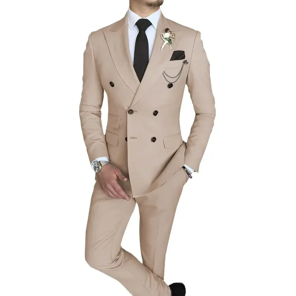 Men\'s Suit 2 Piece Double Breasted Peak Lapel Jacket Business Casual Slim Fit Wedding Suit For Men ( Blazer+Pants)
