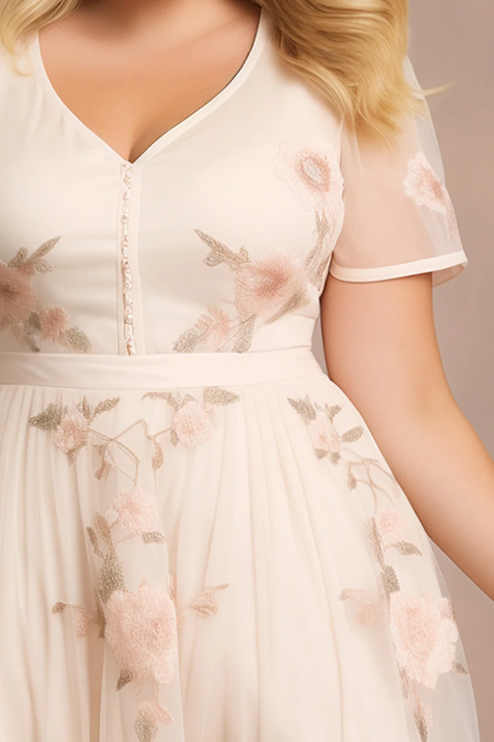 Flycurvy grote maat bruiloftsgast beige mesh knoop bloemenprint midi-jurk