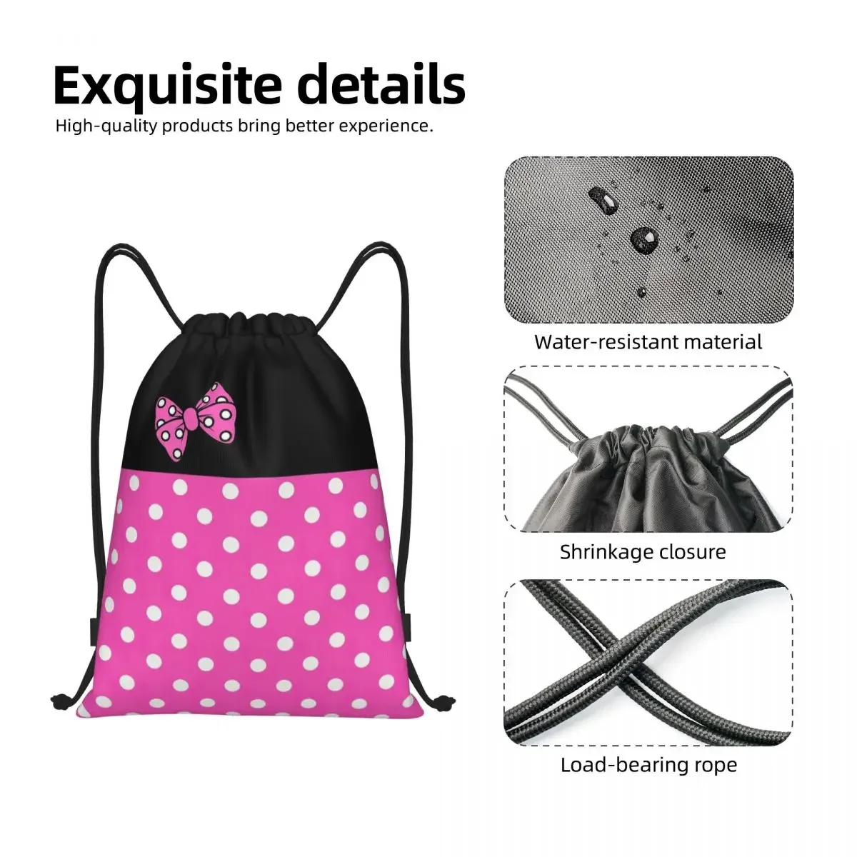 Cute Minnie Mouse Pattern Drawstring Backpack para homens e mulheres, Sport Sack, Foldable Pink Polkadot Shopping Bag, personalizado